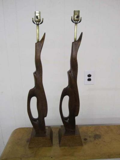  Heifetz Pair of Abstract Sculptural Walnut Lamps Mid century Danish Modern