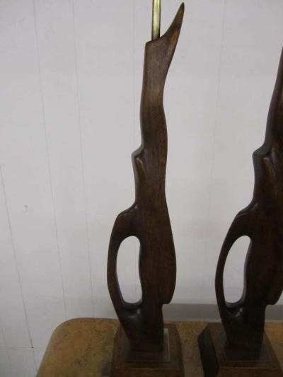  Heifetz Pair of Abstract Sculptural Walnut Lamps Mid century Danish Modern