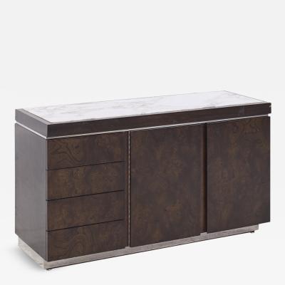  Helikon Milo Baughman Style Helikon Mid Century Burlwood and Marble Top Credenza