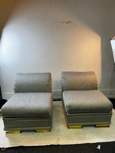 Henredon Furniture EXCEPTIONAL PAIR OF DECO REVIVAL SLIPPER CHAIRS IN GRAY SILK BRASS BY HENREDON