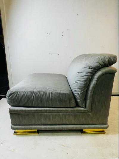 Henredon Furniture EXCEPTIONAL PAIR OF DECO REVIVAL SLIPPER CHAIRS IN GRAY SILK BRASS BY HENREDON