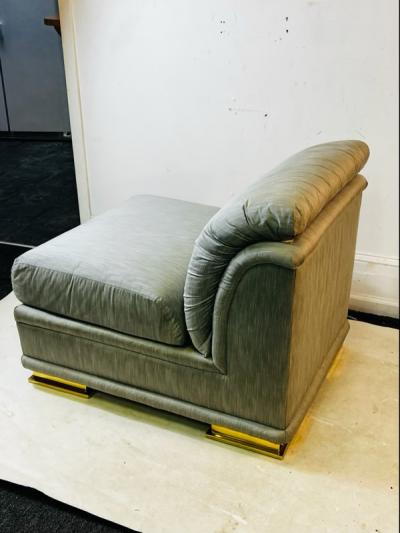 Henredon Furniture EXCEPTIONAL PAIR OF DECO REVIVAL SLIPPER CHAIRS IN GRAY SILK BRASS BY HENREDON