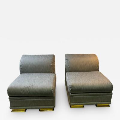  Henredon Furniture EXCEPTIONAL PAIR OF DECO REVIVAL SLIPPER CHAIRS IN GRAY SILK BRASS BY HENREDON