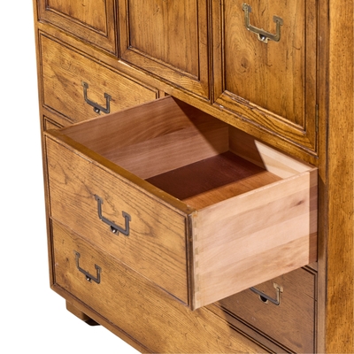  Henredon Furniture Henredon Campaign Mid Century Oak and Brass Highboy Dresser Armoire
