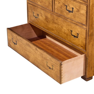  Henredon Furniture Henredon Campaign Mid Century Oak and Brass Highboy Dresser Armoire