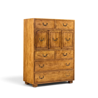  Henredon Furniture Henredon Campaign Mid Century Oak and Brass Highboy Dresser Armoire