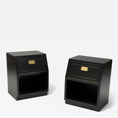  Henredon Furniture Henredon Mid Century Modern Black Lacquer Brass Campaign Nightstands 1960s