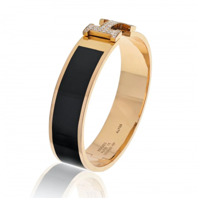  Herm s HERMES 18K YELLOW GOLD CLIC CLAC H DIAMOND BLACK ENAMEL BRACELET
