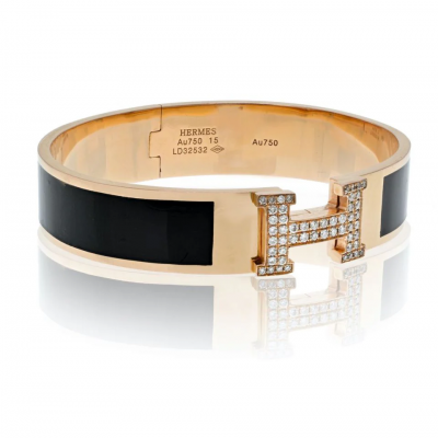  Herm s HERMES 18K YELLOW GOLD CLIC CLAC H DIAMOND BLACK ENAMEL BRACELET