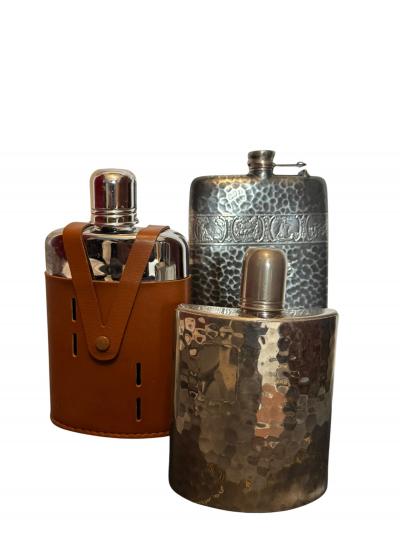  Herm s SET OF 5 SILVERPLATE LEATHER FLASKS ART DECO MID CENTURY