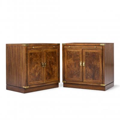 Hickory Manufacturing Co Hickory Manufacturing Mid Century Burlwood and Brass Nightstands Pair