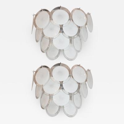  High Style Deco Pair of Modernist 14 Disc Sconces in Hand Blown Murano White Translucent Glass