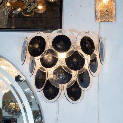  High Style Deco Pair of Modernist 14 Disc Sconces in Handblown Murano Black Translucent Glass