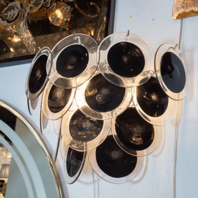  High Style Deco Pair of Modernist 14 Disc Sconces in Handblown Murano Black Translucent Glass