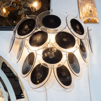  High Style Deco Pair of Modernist 14 Disc Sconces in Handblown Murano Black Translucent Glass