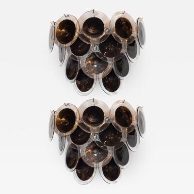  High Style Deco Pair of Modernist 14 Disc Sconces in Handblown Murano Black Translucent Glass