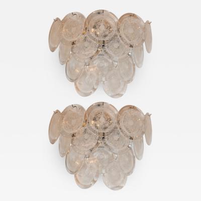  High Style Deco Pair of Modernist 14 Disc Sconces in Handblown Murano Clear Glass