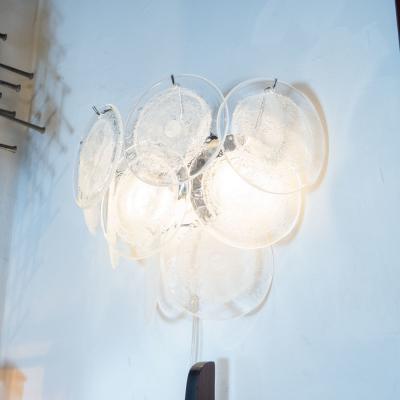  High Style Deco Pair of Modernist 9 Disc Handblown Murano Clear Translucent Glass Sconces