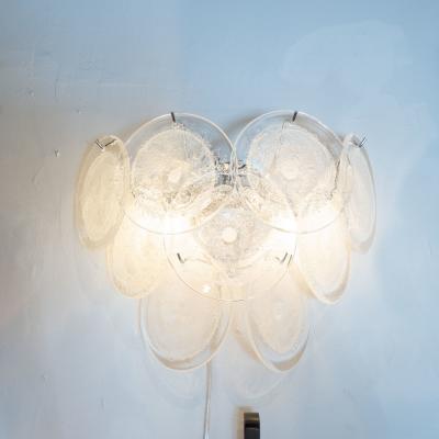  High Style Deco Pair of Modernist 9 Disc Handblown Murano Clear Translucent Glass Sconces
