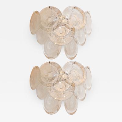  High Style Deco Pair of Modernist 9 Disc Handblown Murano Clear Translucent Glass Sconces