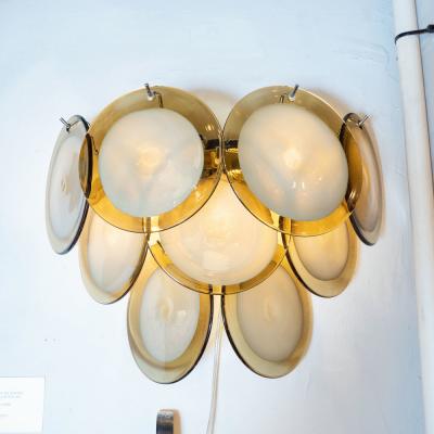  High Style Deco Pair of Modernist 9 Disc Handblown Murano Topaz Translucent Glass Sconces