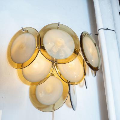  High Style Deco Pair of Modernist 9 Disc Handblown Murano Topaz Translucent Glass Sconces