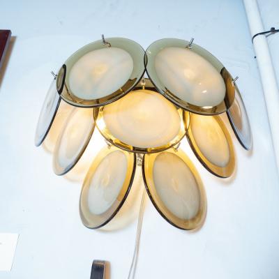  High Style Deco Pair of Modernist 9 Disc Handblown Murano Topaz Translucent Glass Sconces