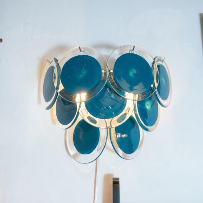  High Style Deco Pair of Modernist 9 Disc Handblown Murano Turquoise Translucent Glass Sconce