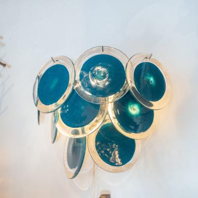  High Style Deco Pair of Modernist 9 Disc Handblown Murano Turquoise Translucent Glass Sconce
