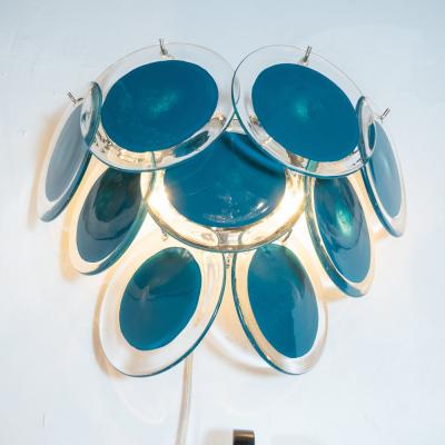  High Style Deco Pair of Modernist 9 Disc Handblown Murano Turquoise Translucent Glass Sconce