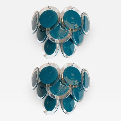  High Style Deco Pair of Modernist 9 Disc Handblown Murano Turquoise Translucent Glass Sconce