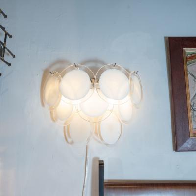  High Style Deco Pair of Modernist 9 Disc Handblown Murano White Translucent Glass Sconces
