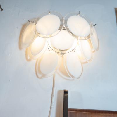  High Style Deco Pair of Modernist 9 Disc Handblown Murano White Translucent Glass Sconces