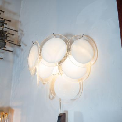 High Style Deco Pair of Modernist 9 Disc Handblown Murano White Translucent Glass Sconces