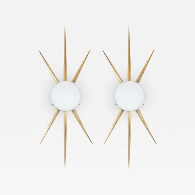  High Style Deco Pair of Modernist Starburst Brass and Handblown Murano Frosted Glass Sconces