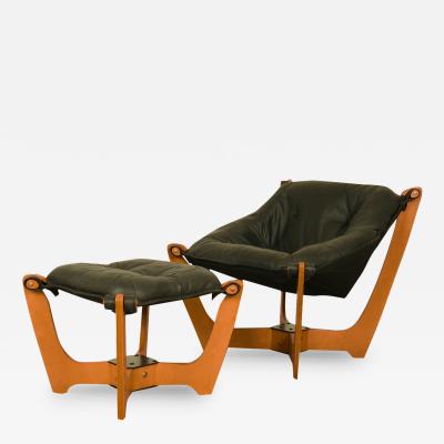  Hjellegjerde Mid Century Leather Luna Sling Lounge Chair Ottoman by Hjellegjerde Norway