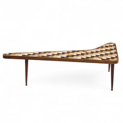  Hohenberg Original Richard Hohenberg Boomerang Kidney Form Walnut and Tile Top Coffee Table