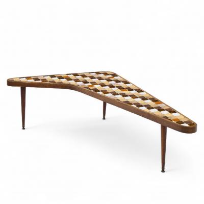 Hohenberg Original Richard Hohenberg Boomerang Kidney Form Walnut and Tile Top Coffee Table
