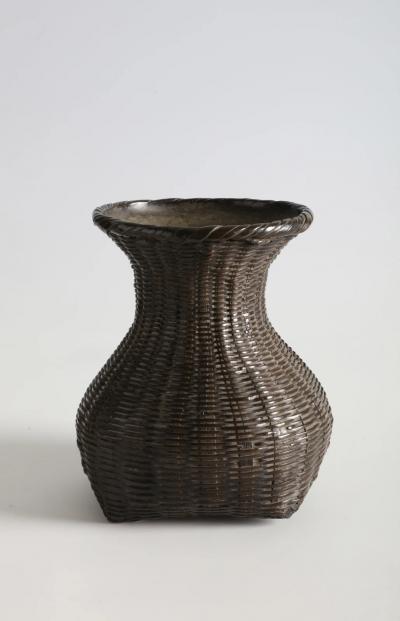  Hotoku Bronze Flower Vessel in the Form of a Hanging Bamboo Basket ca 1900
