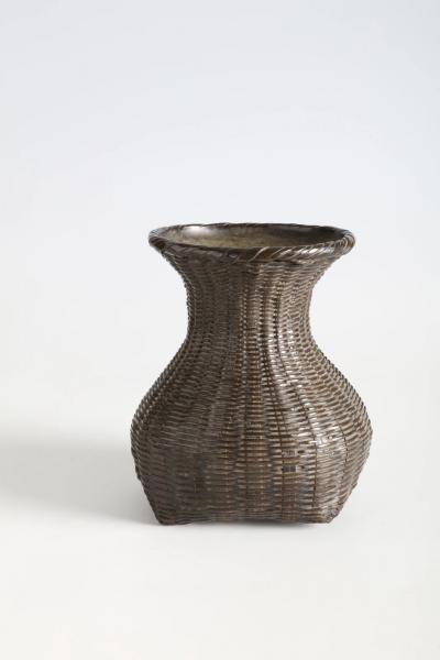  Hotoku Bronze Flower Vessel in the Form of a Hanging Bamboo Basket ca 1900
