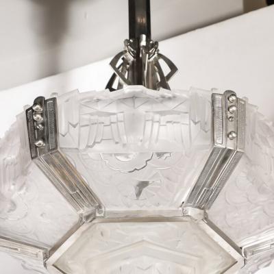  Hugue Art Deco Skyscraper Style Chandelier in Silvered Bronze Frosted Glass by Hugue