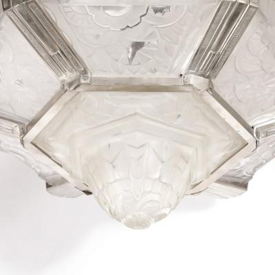  Hugue Art Deco Skyscraper Style Chandelier in Silvered Bronze Frosted Glass by Hugue