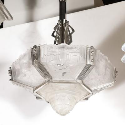  Hugue Art Deco Skyscraper Style Chandelier in Silvered Bronze Frosted Glass by Hugue