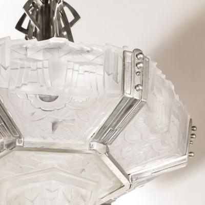  Hugue Art Deco Skyscraper Style Chandelier in Silvered Bronze Frosted Glass by Hugue