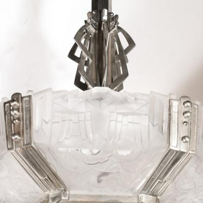  Hugue Art Deco Skyscraper Style Chandelier in Silvered Bronze Frosted Glass by Hugue