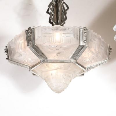  Hugue Art Deco Skyscraper Style Chandelier in Silvered Bronze Frosted Glass by Hugue