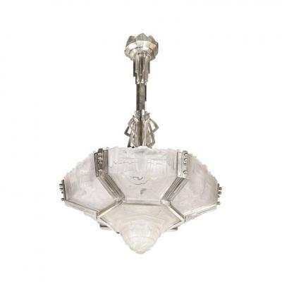  Hugue Art Deco Skyscraper Style Chandelier in Silvered Bronze Frosted Glass by Hugue