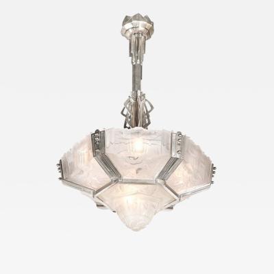  Hugue Art Deco Skyscraper Style Chandelier in Silvered Bronze Frosted Glass by Hugue