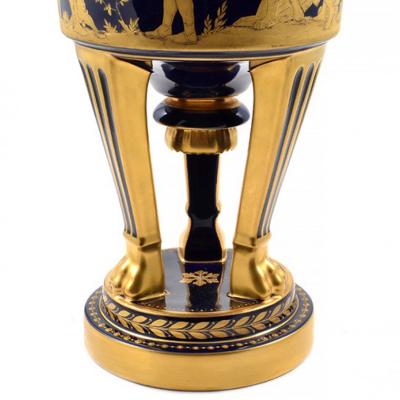 Hutschenreuther 1914s Pair of Porcelain Cobalt Blue 19 Vases with Mythological Scenes