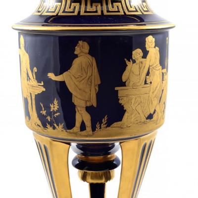  Hutschenreuther 1914s Pair of Porcelain Cobalt Blue 19 Vases with Mythological Scenes